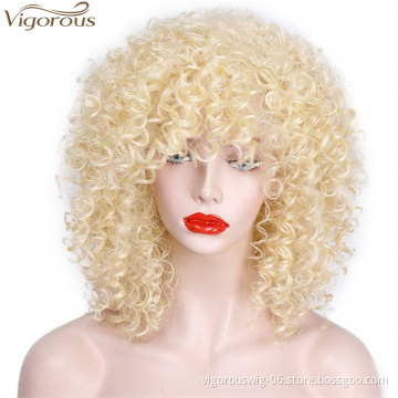 Vigorous Heat Resistant Afro Kinky Curly Hair with Bangs Synthetic Mongolian Kinky Curly Wig for Black Women